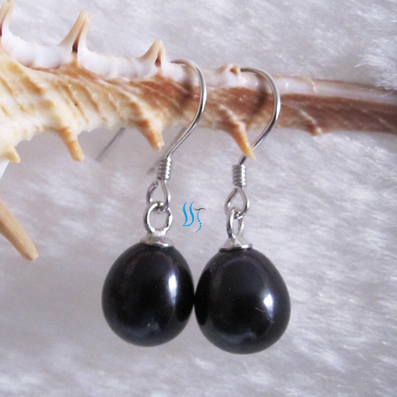 Black Pearl Earrings - 7.0-8.5mm Black Freshwater Pearl Dangle Earrings XD2S - Free Shipping