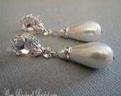 Pearl Bridal Earrings Long with Rhinestone in White or Ivory teardrop rhinestones 2 inches long elegant with tons of sparkle choice of colo