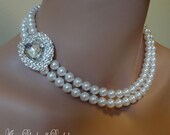 Wedding Heart Necklace Set - Swarovski Pearls and rhinestone focal embellishment with 2 double strands of pearls wedding bridal jewelry set