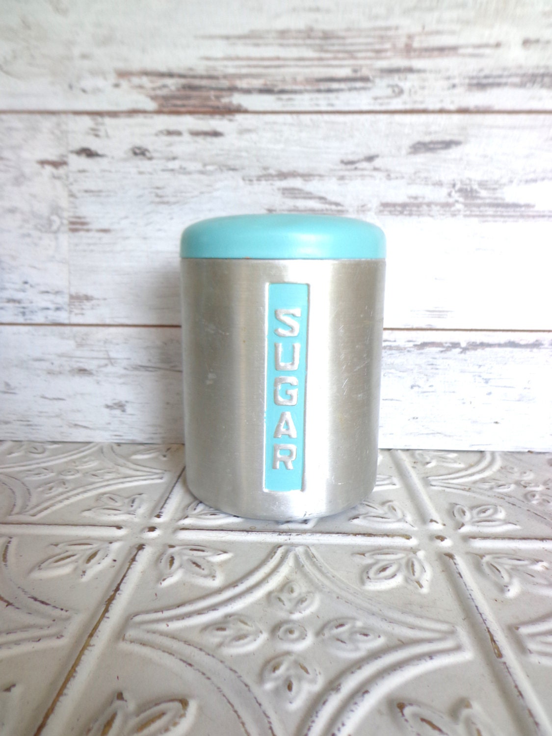 Vintage Metal Sugar Canister Hand Painted Aqua Aluminum with Black Knob Spun 6 1/2"