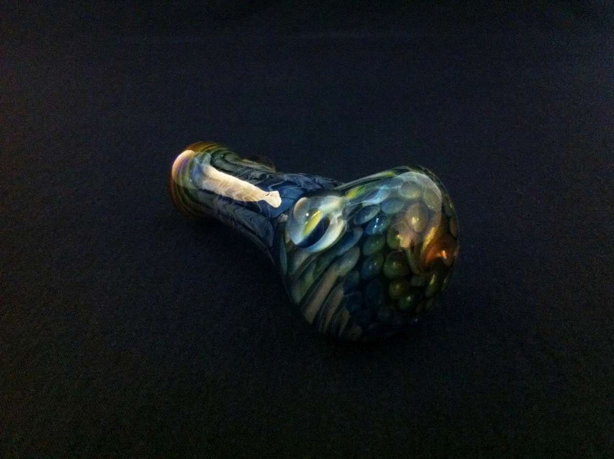 Cobalt Glass Pipe Silver and Gold Fumed Honeycomb and Wrap and Rake Tobacco Spoon Pipe
