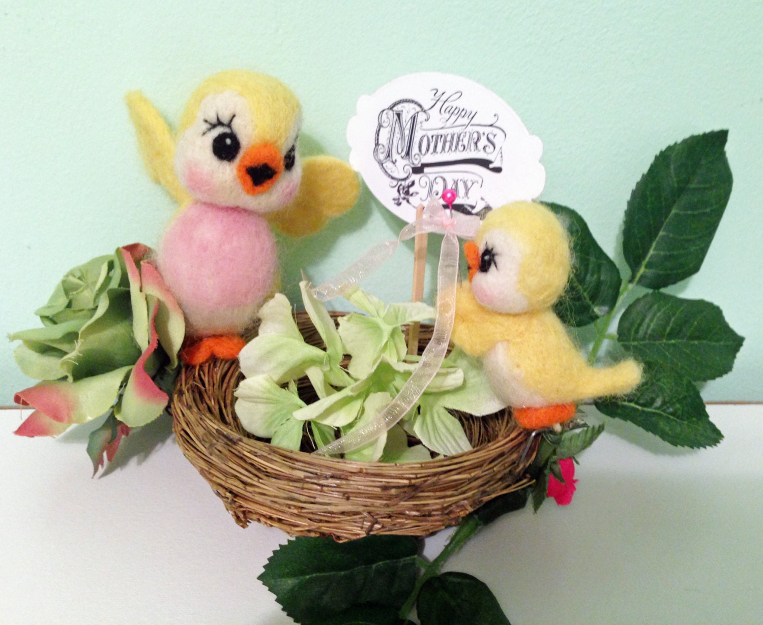 Mother's Day Arrangement..Spring Mother Bird Canary with Baby in Nest