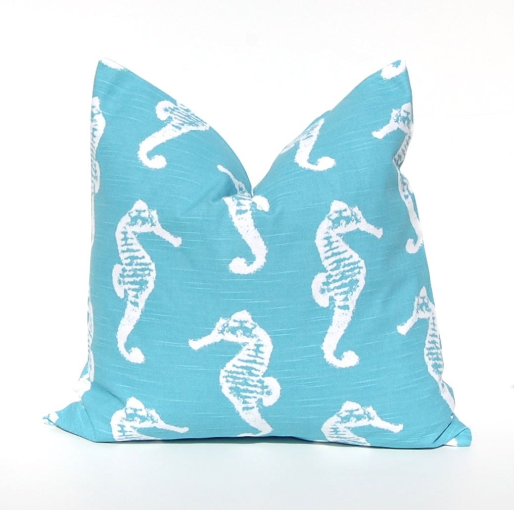 Decorative Throw Pillow Cover Beach Decor One 22 x 22 Coastal Blue Aqua on White Slub Sea Horse Sea Friends Premier Prints