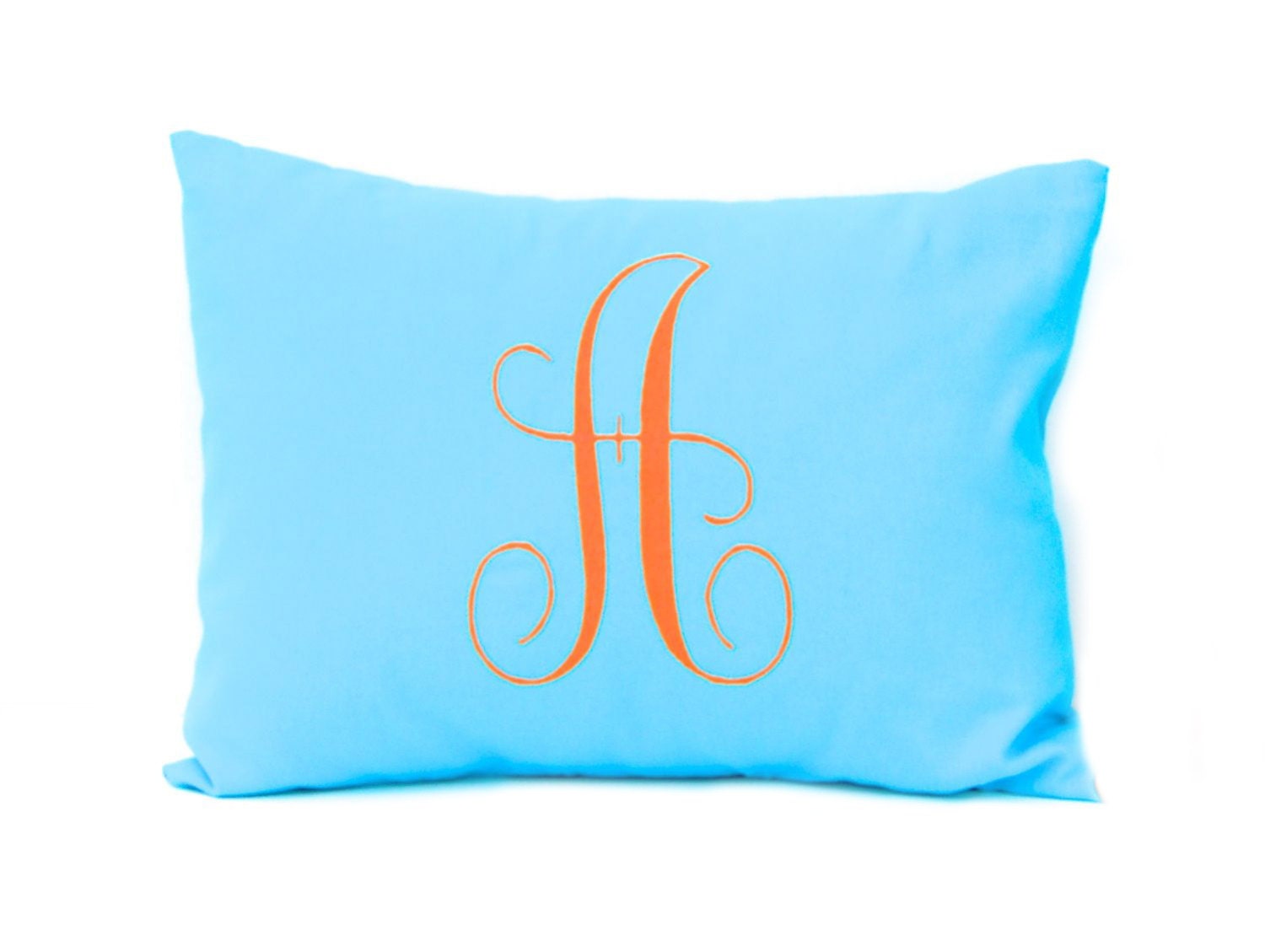 Monogrammed Pillow Decorative Throw Pillow Cover Solid Turquoise Pillow Embroidered Dorm Decor 12 x 16 Personalized Gift  Baby Wedding