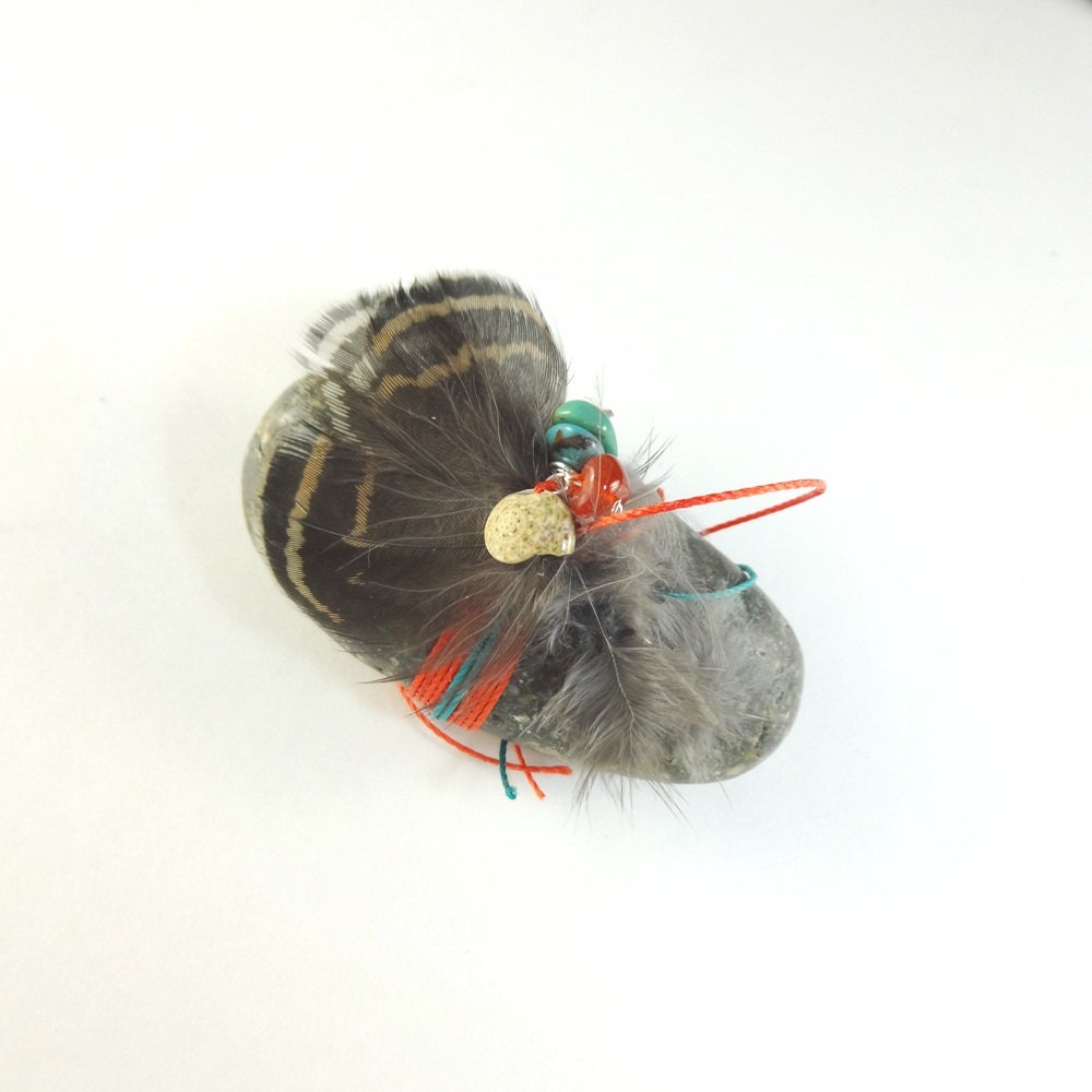 Turquoise Carnelian Spirit Stone Sculpture  Shell Feathers