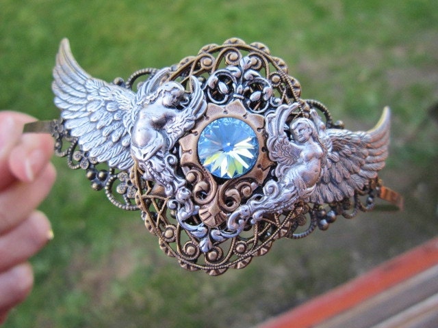 HEADBAND SILVER WINGS Angels Aqua Swarovski Crystal