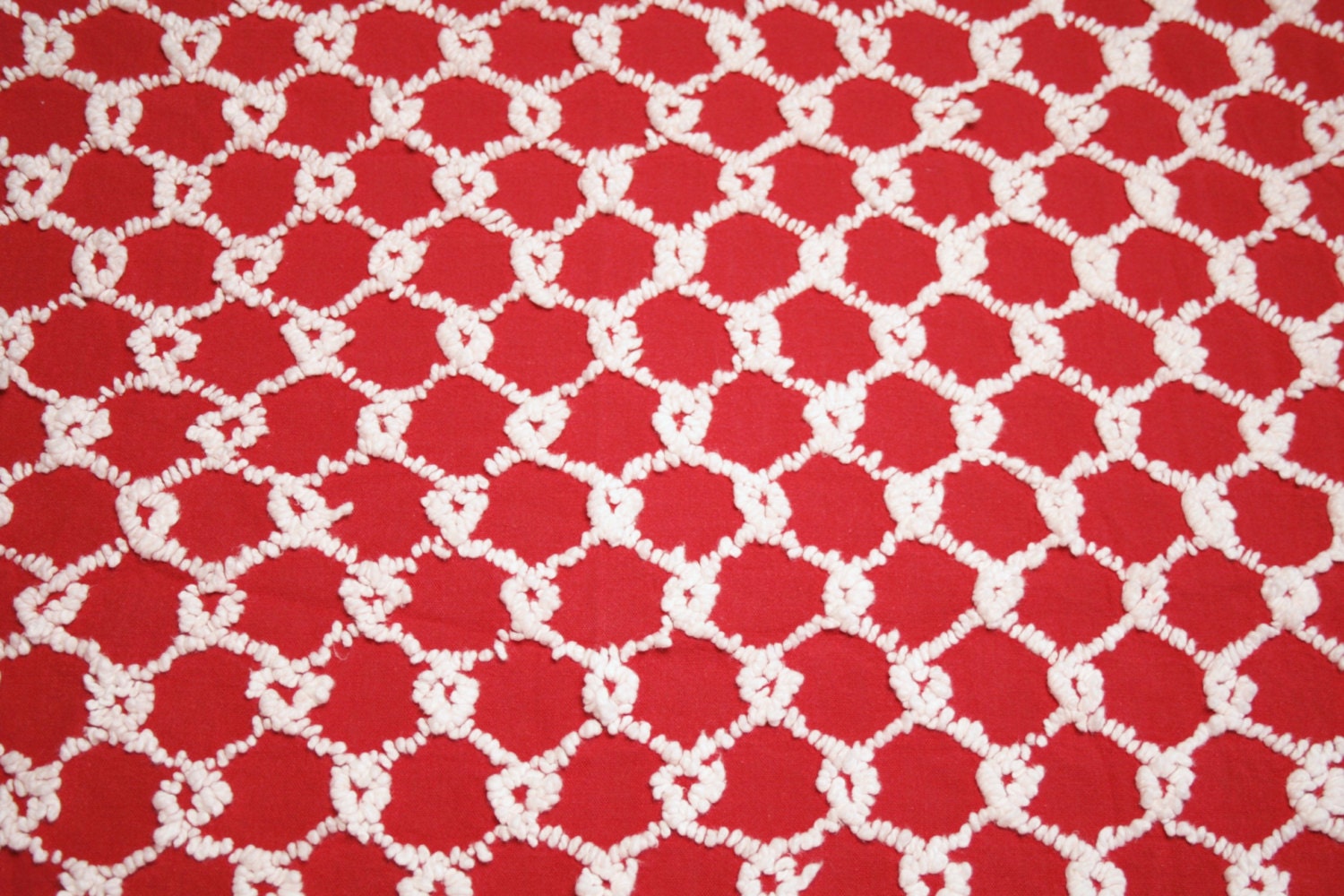 Rare Red and White Bates Vintage Chenille Bedspread Fabric - 24 x 18 Inches
