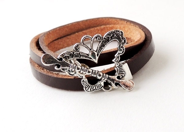 Butterfly Leather Bracelet, Brown Wrap with Large Clasp