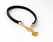 Black Leather Bracelet with Gold Lovebird Charm, Leather Jewelry