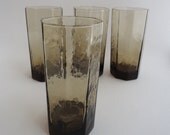 1980s Libbey Tawny Facet Drinking Glasses, Set of 4 Brown Tumblers