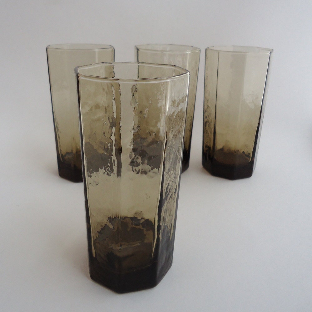 1980s Libbey Tawny Facet Drinking Glasses, Set of 4 Brown Tumblers