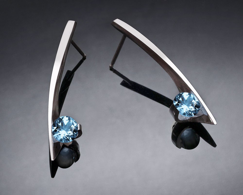aquamarine earrings - March birthstone - blue - fine jewelry - wedding - Argentium silver - posts - contemporary jewelry - 2458