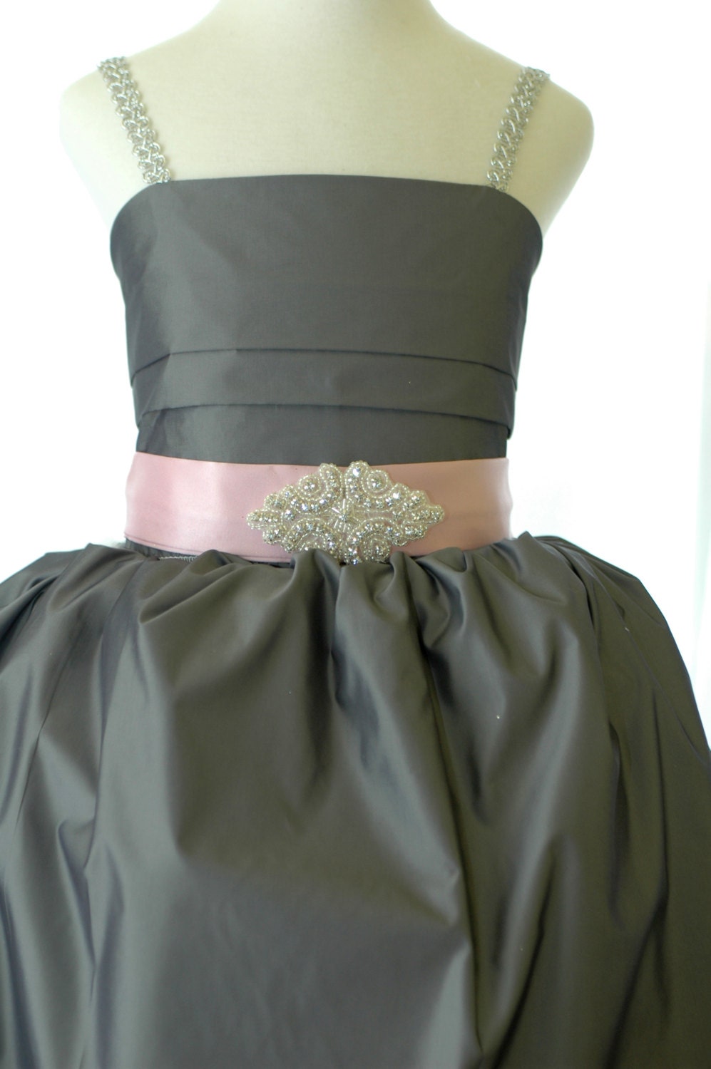 Stella grey flower girl dress wit a rhinestone bridal sash. Silver straps dress for a girl, flowergirl dress, wedding gown