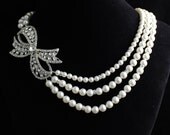 Crystal and Pearl Bridal Necklace, Pearl and Crystal Bow Necklace, Swarovski Wedding Necklace, Wedding Jewelry