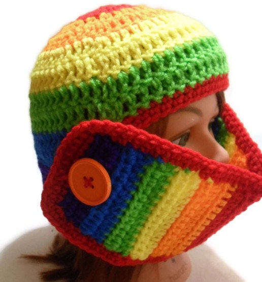 Crochet Knight's Helmet Face Mask Beanie Hat in Rainbow