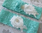 Tiffany blue wedding garter, bridal garter set. Fabric flower bridal garter Shabby chic vintage style garter set