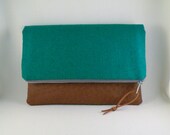 Turquoise Raw Silk & Vegan Ostrich Leather Foldover Clutch, Handbag, Pouch, Purse
