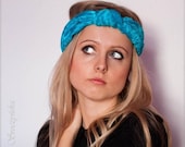 SALE Women's turban knotted headband Boho chic  in aqua turquoise blue crushed velvet