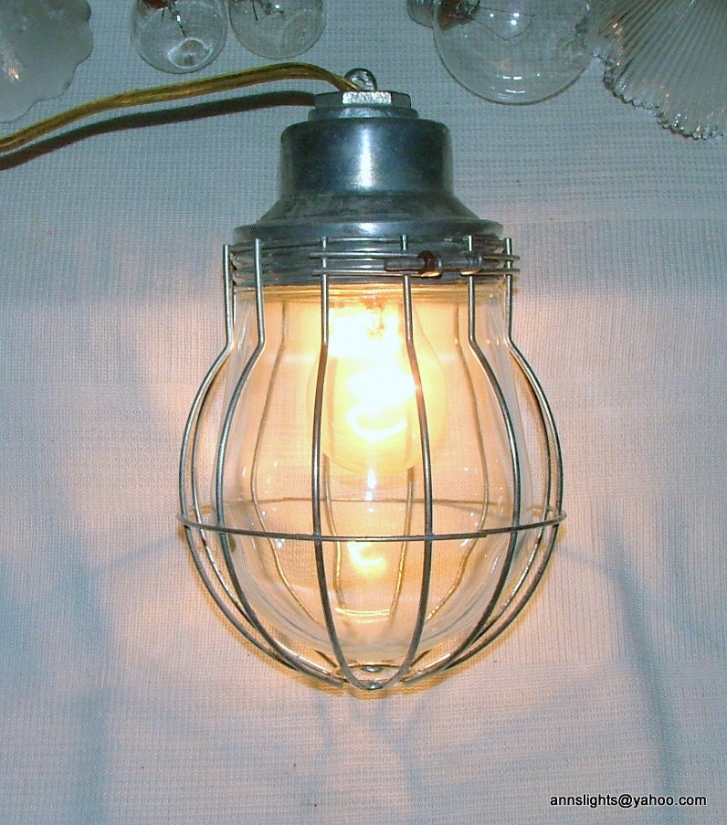 Industrial Lighting Appleton Hazardous Vintage Hanging Cage Ceiling Light Fixture Lamp Pendant Glass Globe Shade