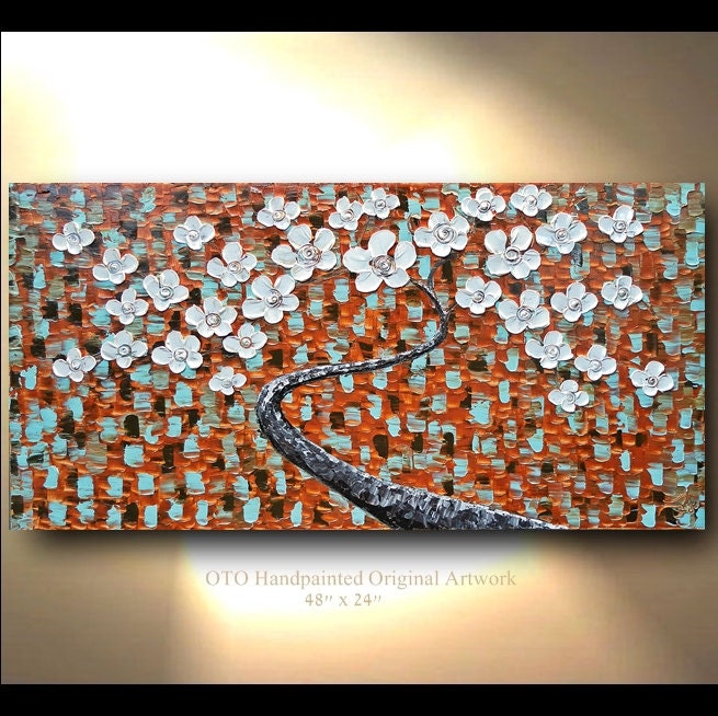 ORIGINAL Painting 24x48 Blue Brown White Abstract Art painting tree flower Large Modern Contemporary Painting by OTO