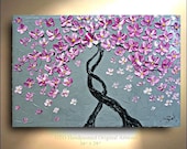ORIGINAL Pink Grey metallic Gold 24x36 Flower Tree painting on canvas thick impasto heavy texture ready to hang wall decor By OTO