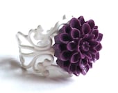 Purple Chrysanthemum flower ring on white adjustable band in ivory gift bag
