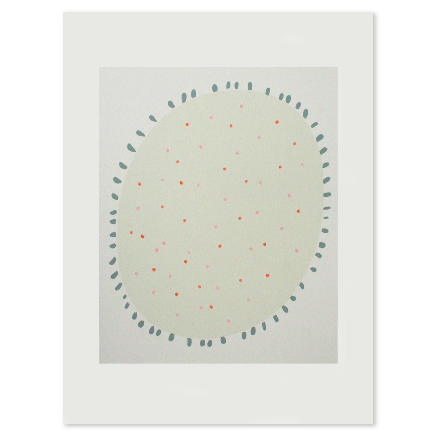 Abstract screenprint, handmade in creams and grey/blue with pink and orange spot detail. Minimal, modern art inspired by the landscape.