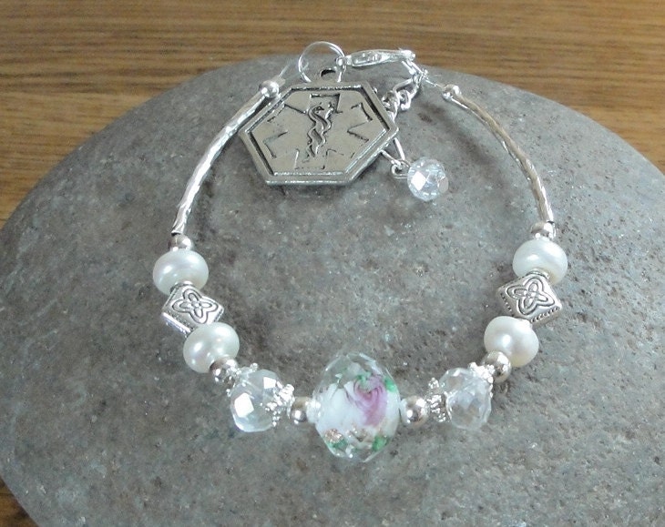 Medical ID Alert Bracelet - Seizures, Multiple Sclerosis, Diabetes, Allergies, Peanut, Penicillin or Heart -  Freshwater Pearls / Lampwork