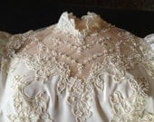 Absolutely Beautiful Vintage Antique White Wedding Dress Gown with Lace Detailing, Pearl Beads and Victorian Style Neckllne