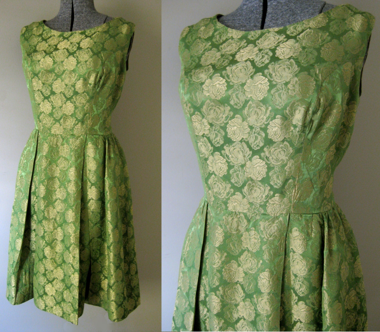 Vintage Gold Green Glam 50s 60s Cocktail Party Dress - Brocade Jacquard Rose Satin Shimmery Olive Yellow Jade Chic Evening Formal Shiny S M