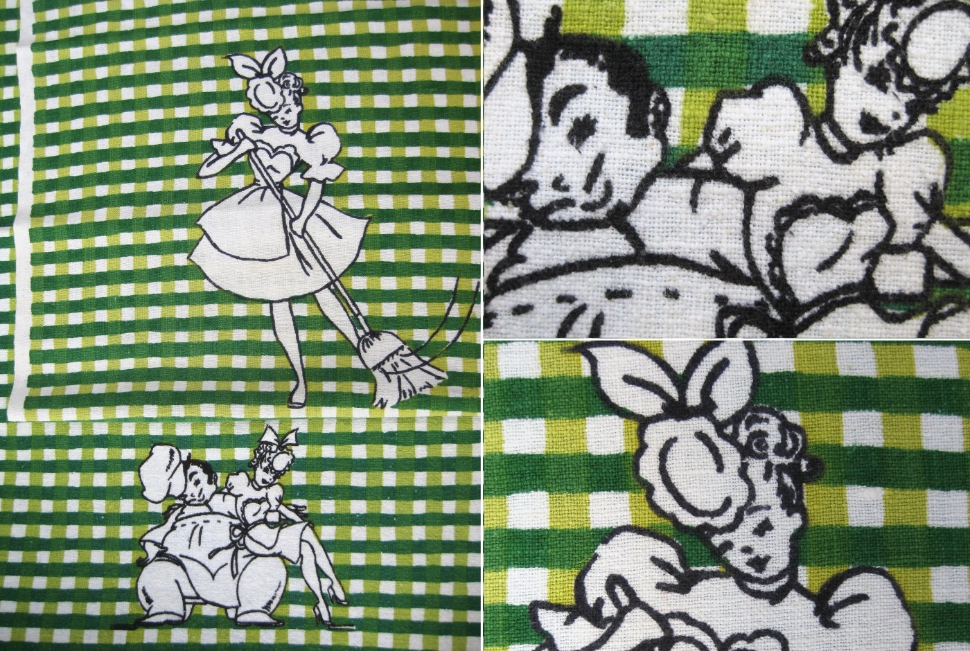 Vintage 50s French Maid & Chef Kitchen Towel - Startex Bright Colorful Lime Grass Green Plaid Cartoon Print Cotton Linen Graphic Dish Towel