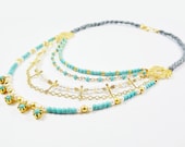 Multi Strand Layered Necklace - Turquoise Beads & Grey Silk Twisted Cord - Gold Fashion