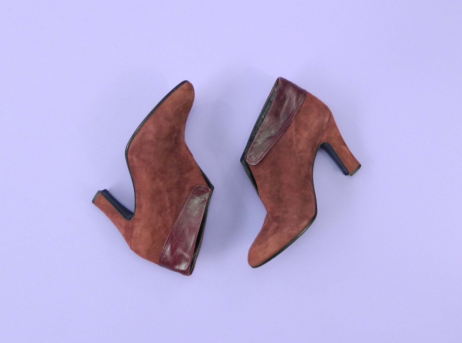 1970s Lanvin Designer Vintage Ankle Boots Mulberry Suede Leather Size 6.5