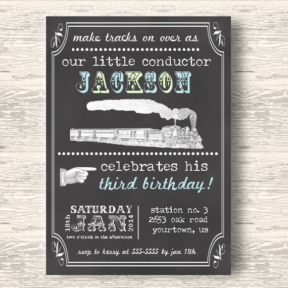 Vintage Train Invitation for Boys Birthday Party or Baby Shower - DIY Printable Chalkboard Style Invite by BeeAndDaisy Il_570xn