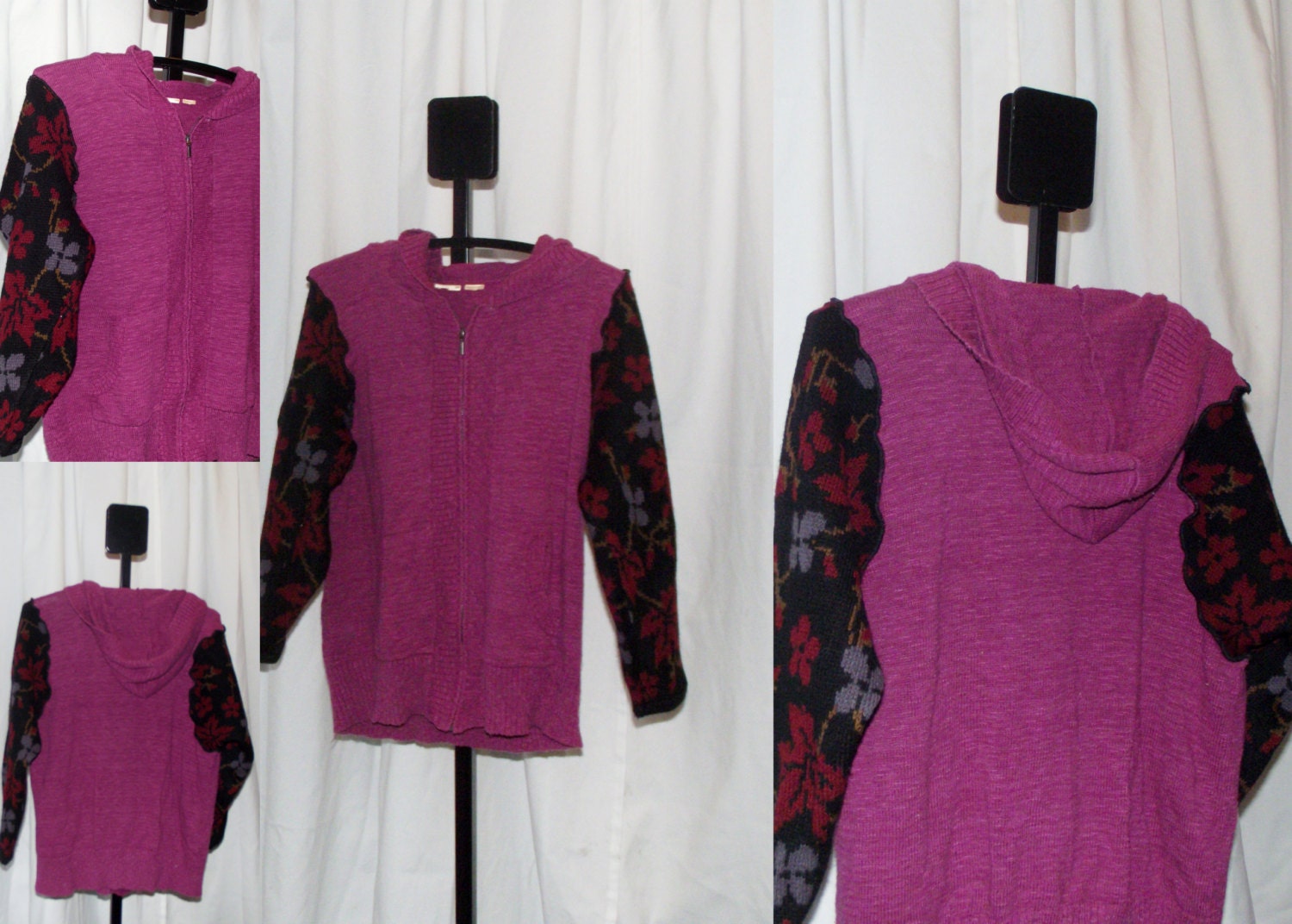 Ladies Sweater Jacket Hoodie Recycled Medium Large Long Sleeve Womens Hippie Pink Black Flowers Upcycled Clothing  Zipper Cardigan Sweaters