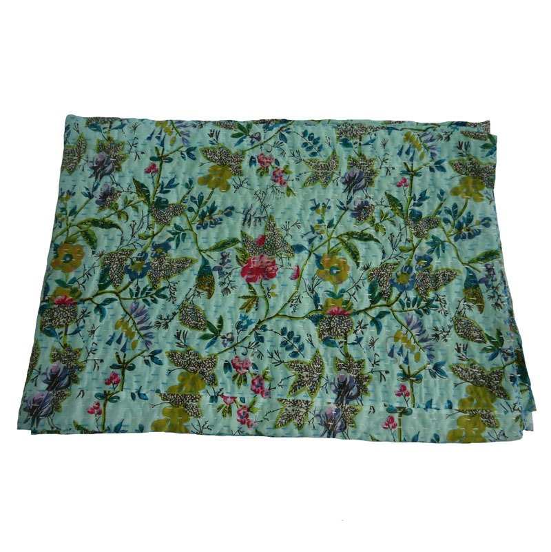 Twin Kantha Throw Blossoms in Apple Green Color