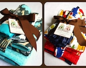 Newborn 5pc Gift SET -- Blanket, Lovey, Pacifier Bib, Burp Cloth and Changing Mat -- CUSTOM MADE