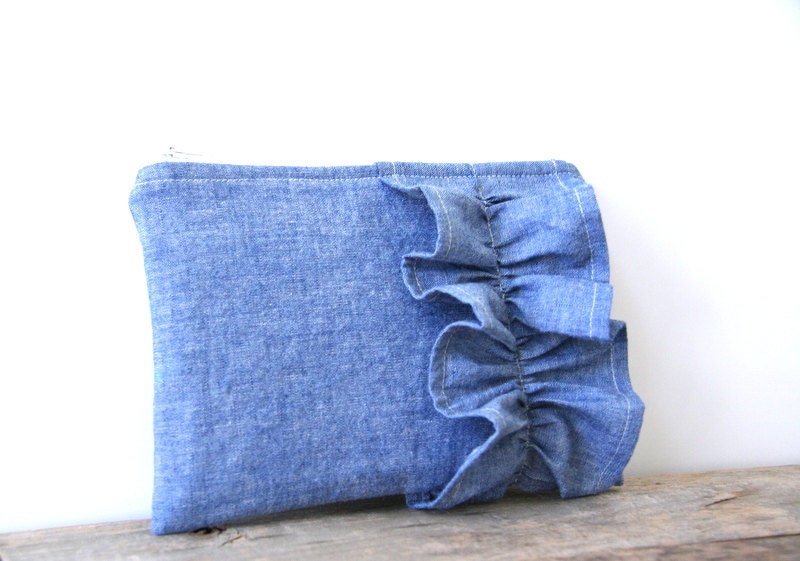 denim and ruffle zipper pouch / spring fashion / bridesmaids / blue