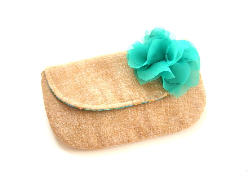 tan linen clutch purse with removable fabric flower brooch / spring fashion / bridesmaid / teal