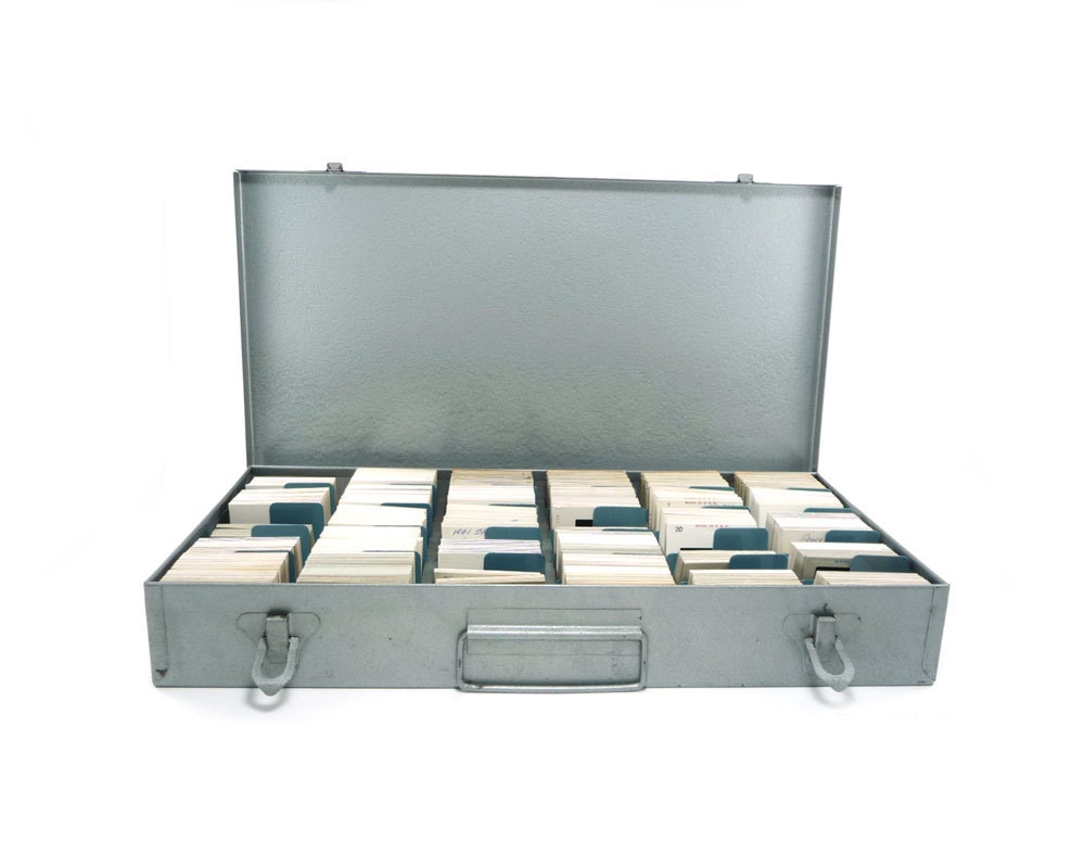 Vintage slides and case, 1950s gray gunmetal industrial slide box with slides