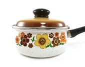 Colorful enamelware saucepan - vintage flowered pan with lid