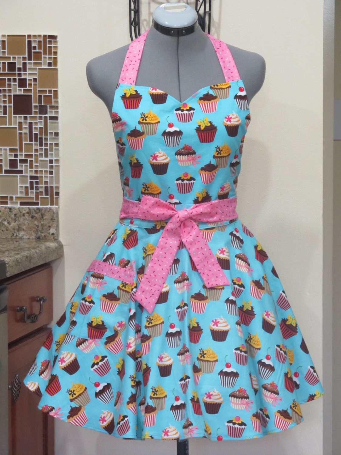 Sweetheart Hostess Apron-Cupcakes on Blue-Full of Twirl Flounce-With a hint of Sprinkles