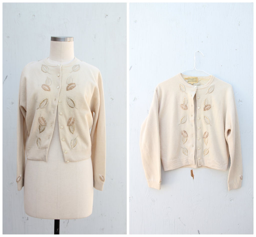 vintage 1950s Cardigan / Cream Beaded Embroidered Leaf Cardigan / medium