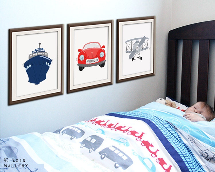 Transportation wall art.Tranpsortation prints for boys nursery decor. Kids wall art car, boat, airplane prints. Set of 3 8x10 prints by Wal