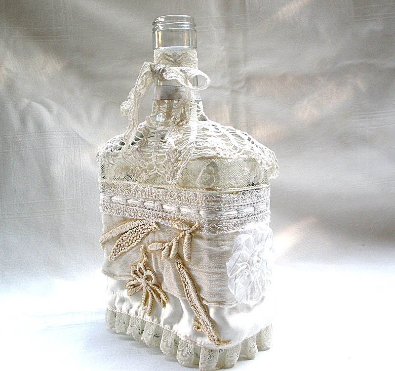 Crochet lace decorate bottle, all with vintage atmosphere work, special item for unique home. Cream color ,Charm, shabby  chic item