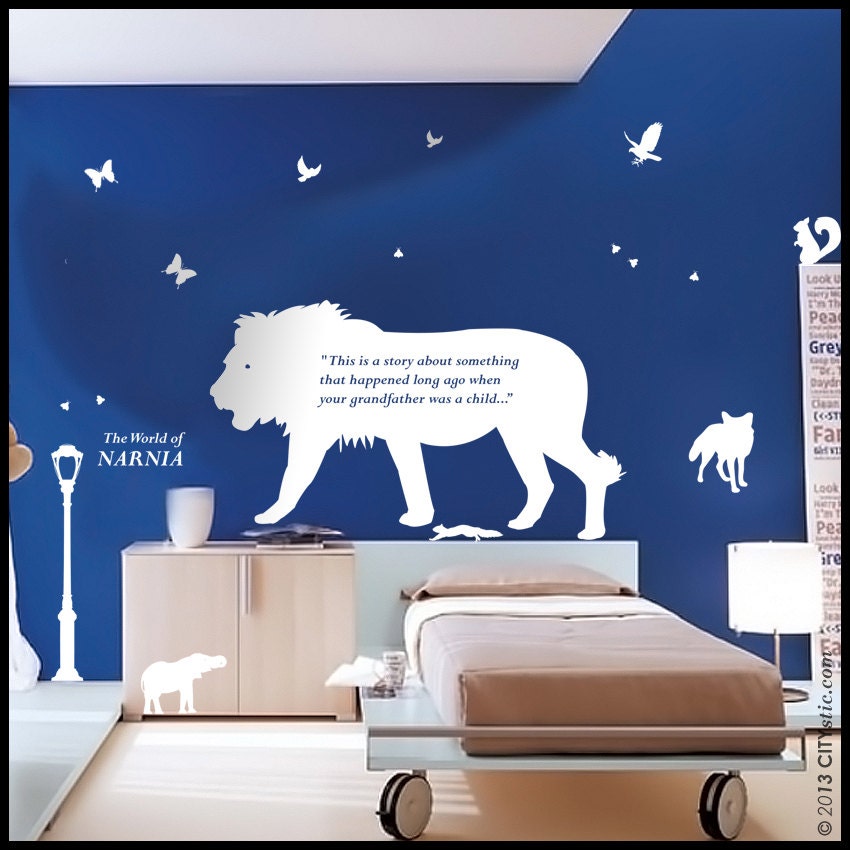 NARNIA WALL DECAL Aslan Lion along with lamp post, fox, birds, falcon