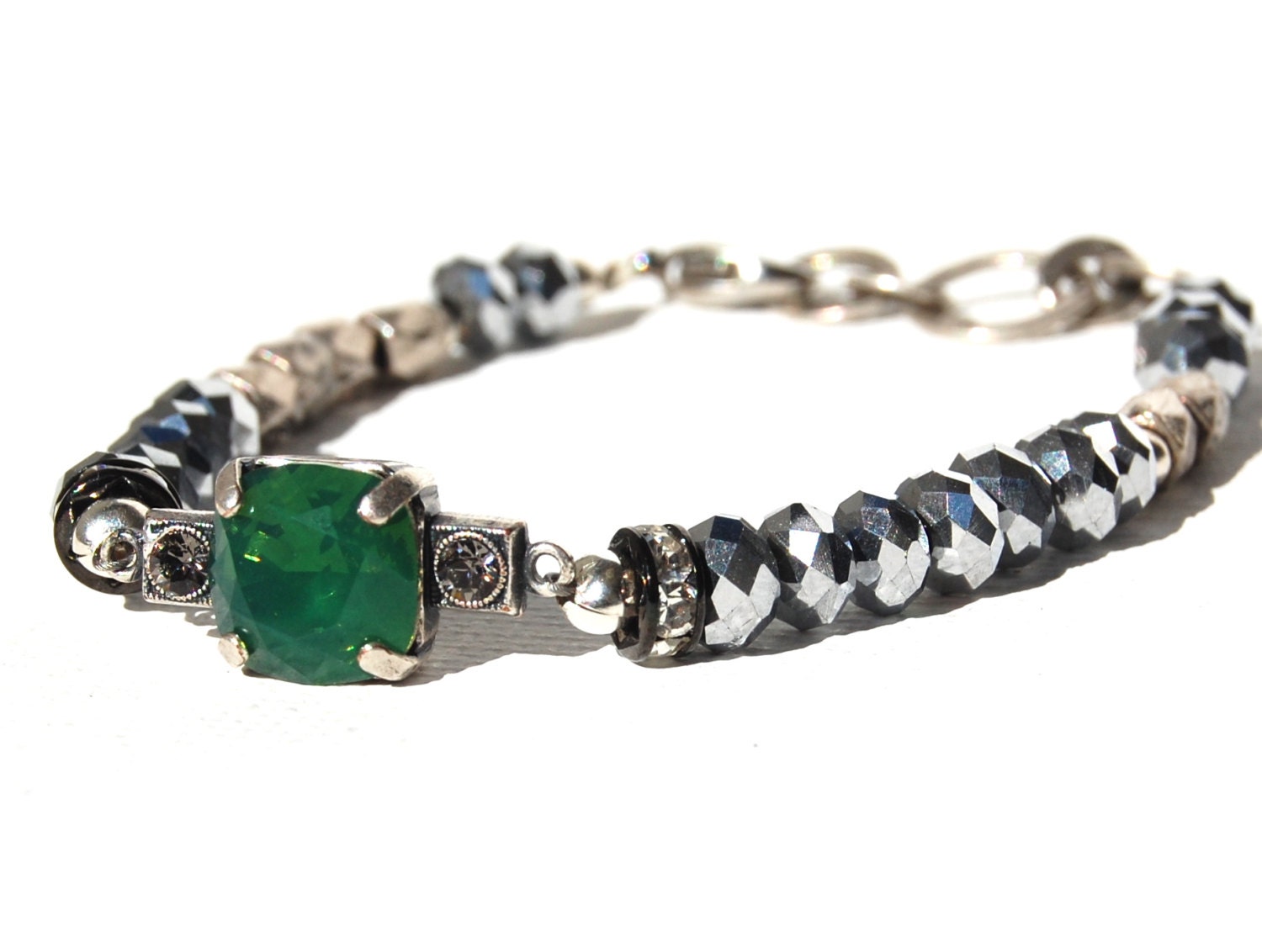 Emerald Swarovski Bracelet with Silver Crystals and Beads Vintage and Modern Light