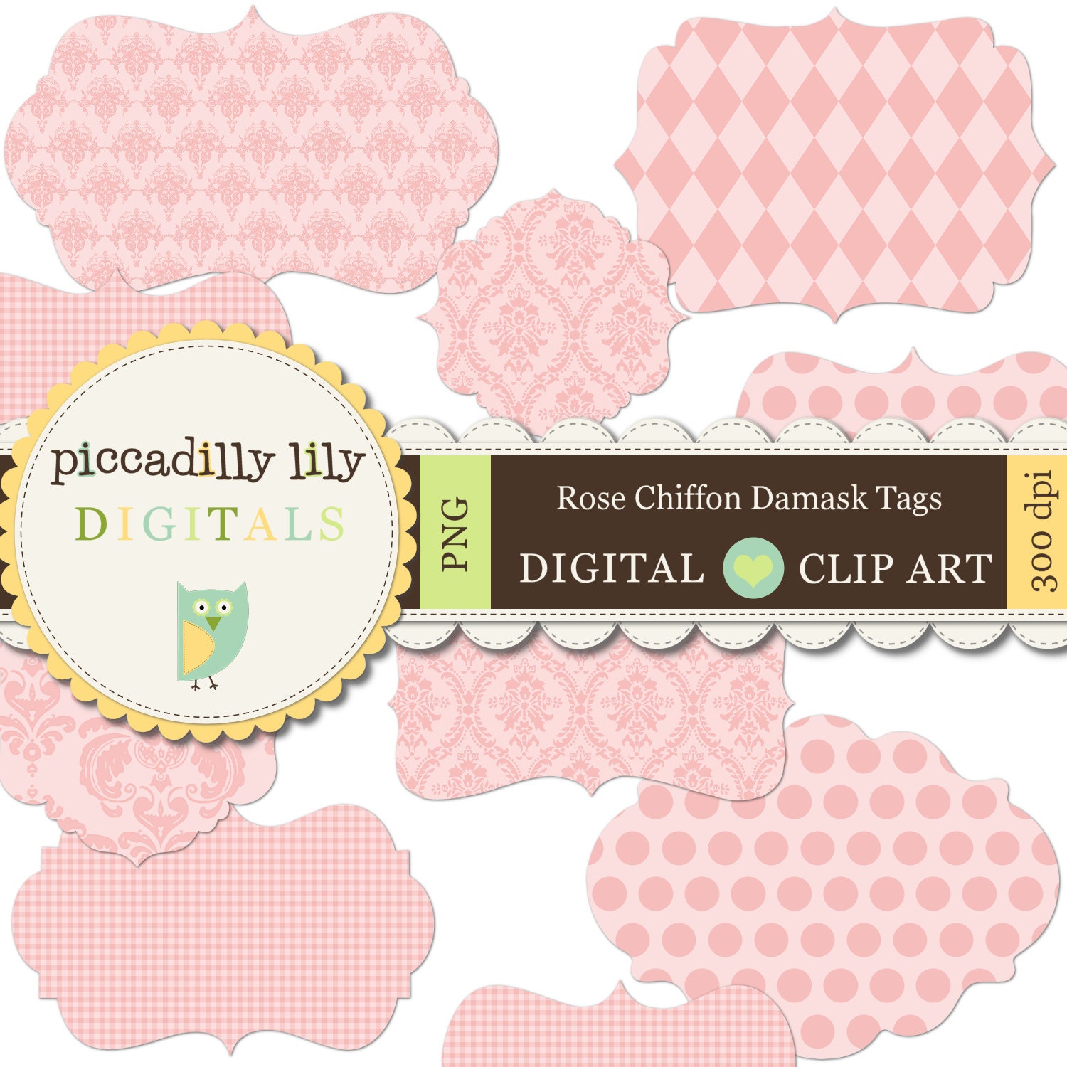 Instant Download - Rose Chiffon Damask Tags -- Digital Printable Shapes Clip Art Pink