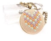 Geometric Necklace in Pastel Chevron Design Mint and Peach and Lavender on Antique Brass Double Chain