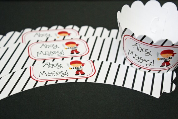 Set of 12 Boy's Pirate Birthday Party Ahoy Matey Cupcake Wrappers Il_570xn
